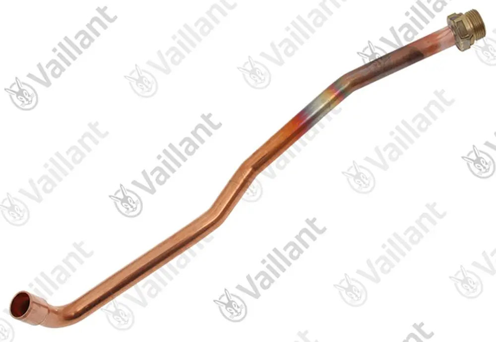 Kupferrohr von Vaillant mit einer geschwungenen Form und einem Anschlussgewinde an einem Ende. Das Rohr ist für Heizungs- oder Warmwassersysteme konzipiert.
